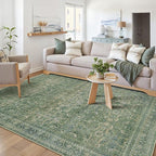 HUGEAR Area Rug 5x7 Vintage Green Machine Washable Living Room Rugs Distressed Retro Floral Vacuumable Low Pile Carpet Bedroom Office Dining Room Laundry Room Non Slip Soft Lightweight
