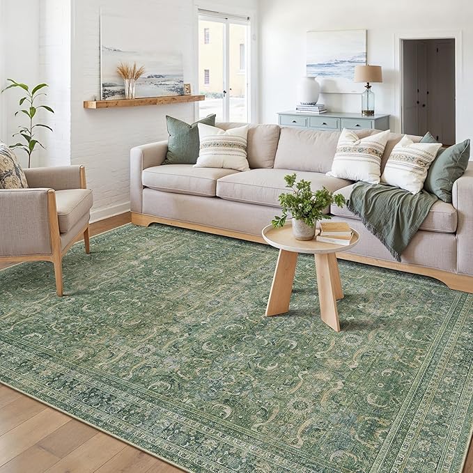 HUGEAR Area Rug 5x7 Vintage Green Machine Washable Living Room Rugs Distressed Retro Floral Vacuumable Low Pile Carpet Bedroom Office Dining Room Laundry Room Non Slip Soft Lightweight