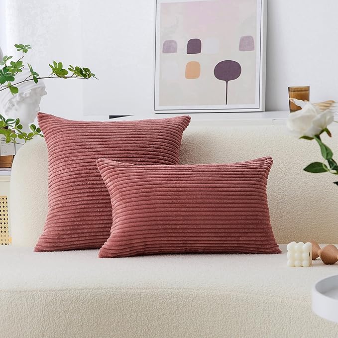Home Brilliant Pillow Covers 18x18 Set of 2 Decor Striped Velvet Corduroy Decorative Pillow Cases Gift for Girl, 18 x 18 inch, Dry Rose Pink