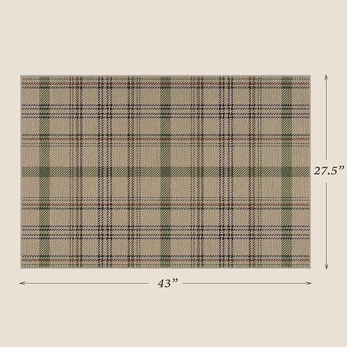 Washable Door Mat Indoor Entrance - Large Entryway Rug 2'3" x 3'7" (27.5" x 43"), Non Slip Sage Plaid Decor for Kitchen, Bathroom, Easy Jute Layering Rug for Front Porch