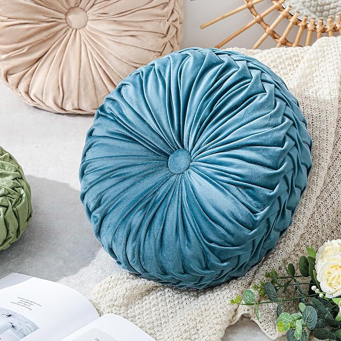 Round Throw Pillows Decorative Pleated Throw Pillows 15'' Diameter Accent Pumpkin Boho Chair Cushion for Couch Sofa Home Decoration(Dusty Blue,1 Pcs)