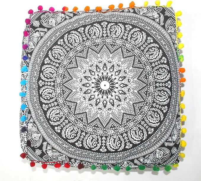CRAFT KALA Black Elephant Flower Large Hippie Mandala Meditation Floor Ottoman Pillow Cushion Pouf Cover Square Poufs Bohemian Floor Cushion Case Outdoor Fireplace Living Room Decor Cover 16" Square