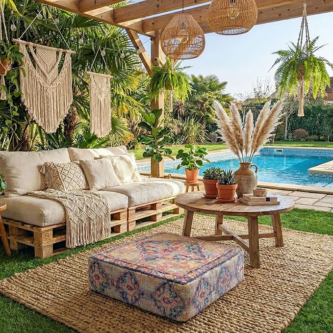 Mandala Life ART Bohemian Outdoor Floor Cushion Cover - Unstaffed 24x8 inches - Vintage Square Pouf Otttoman - Pillow Case for Garden Party, Pool, Balcony, Patio