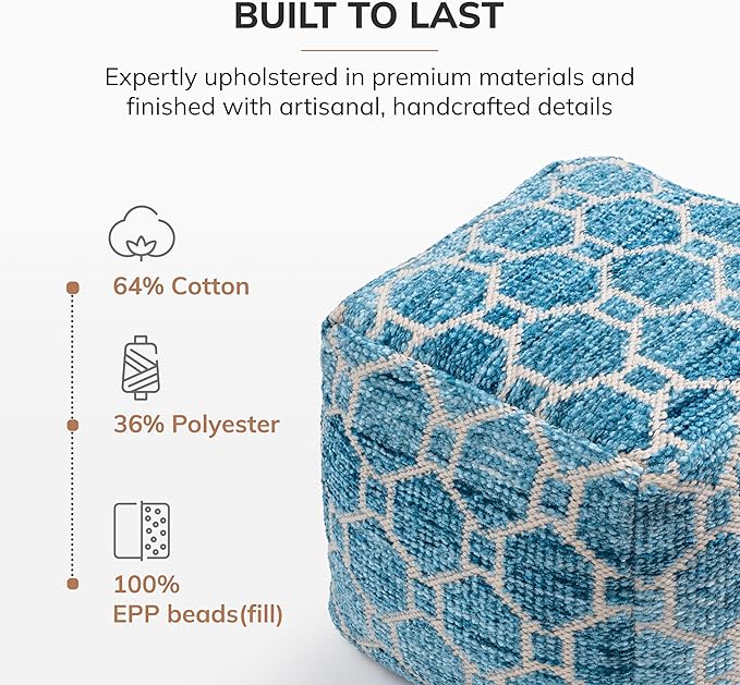 Anji Mountain Pouf Ottoman Foot Rest, Handmade Ottoman Pouf, Comfortable Foot Stool, Decorative Floor Seating for Living Room Decor, Bedroom & Home Décor Accent - Blue