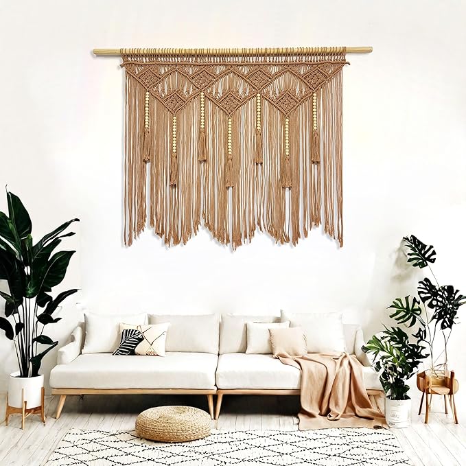 Youngeast Large Macrame Wall Hanging Boho Woven Tapestry Bohemian Macrame Wall Decor Handmade Tassel Tapestry Home Decoration for Bedroom Living Room 39"X31" (Wood Dowels Not Included) (Khaki)