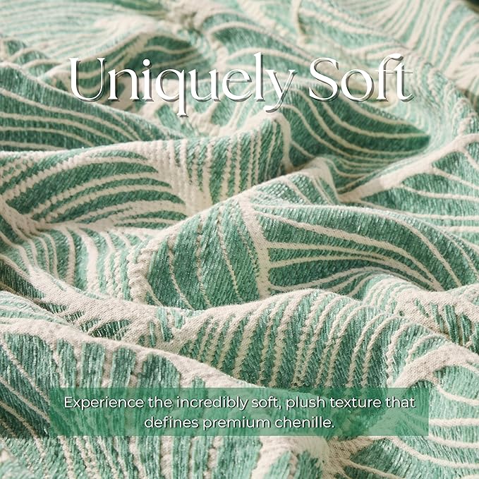 DOWN HOME Chenille Cotton Throw Blanket for Couch, Lightweight Boho Blanket for Bed Sofa Chair Living Room Outdoor Soft Woven Decorative Blanket with Tassel Gift Green Leaves 60"x80"