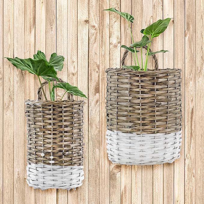 AuldHome Design Wall Hanging Baskets (Set of 2, Gray w/White); Woven WIcker Rustic Farmhouse Two-Tone Door Baskets, Small and Medium Size
