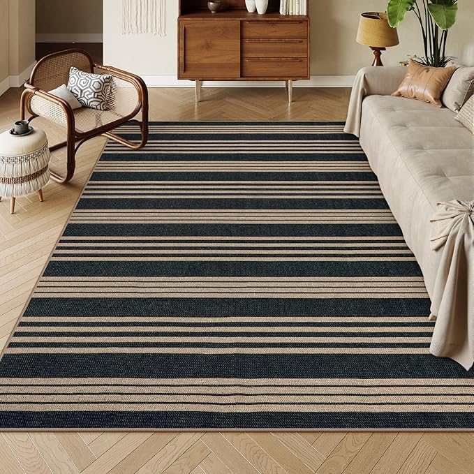 Lahome Elance Striped Easy Jute Rugs for Living Room, 6x9 Washable Indoor Outdoor Patio Rug, Neutral Thin Non Slip Non Shedding Black Dining Room Carpet for Under Table Mudroom Classroom