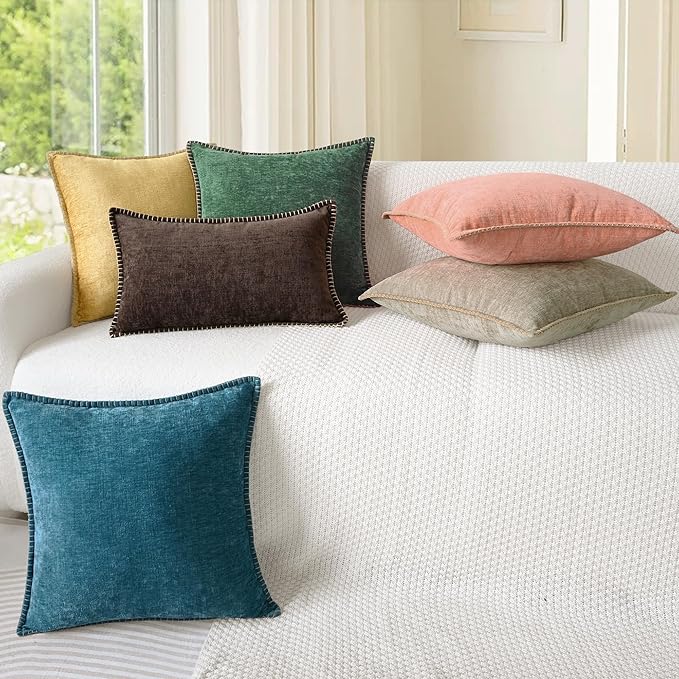 CaliTime Throw Pillow Covers Decorative 20 X 20 Inches Pack of 2 Cotton Thread Stitching Edges Solid Dyed Soft Chenille Cushion Cases for Couch Sofa Bed Living Room Farmhouse Gold