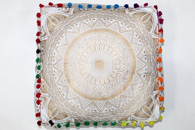 CRAFT KALA Gold Large Hippie Mandala Meditation Floor Ottoman Pillow Cushion Pouf Cover Square Poufs Bohemian Circle Floor Cushion Case Outdoor Fireplace Yoga Living Room Decor Cover 24" Square