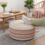 MOCOFO Unstuffed Round Pouf Cover, Boho Geometric Ottoman Footstool Cover with Handle, Decorative Floor Pillow & Storage Bean Bag for Living Room, Nursery, Patio(Red,18x18x8,Cover only)