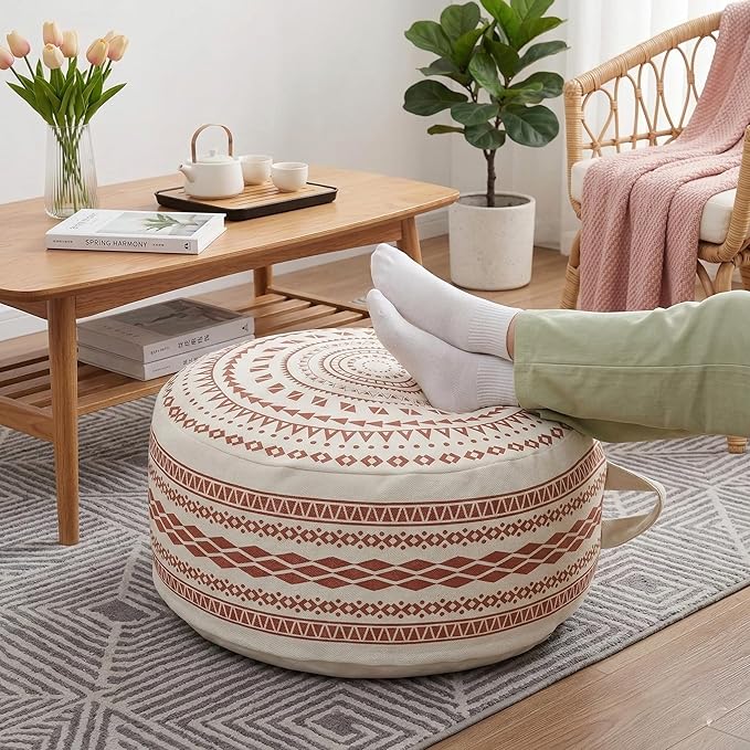 MOCOFO Unstuffed Round Pouf Cover, Boho Geometric Ottoman Footstool Cover with Handle, Decorative Floor Pillow & Storage Bean Bag for Living Room, Nursery, Patio(Red,18x18x8,Cover only)
