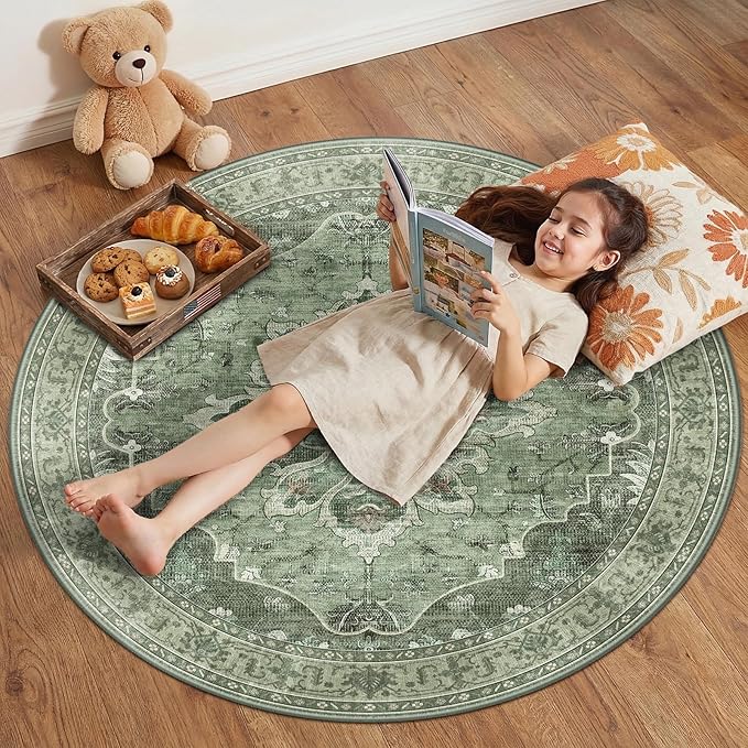 Area Rugs 4ft Washable Non-Slip, Floral Vintage Distress Print Pattern Medallion Carpet for Living Room Bedroom Dining Room, Dark Green Gray