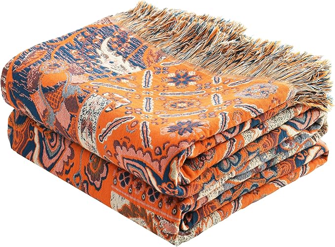 Boho Throw Blanket for Bed Couch 80" x 90", 100% Organic Cotton Skin-Friendly Ultra Soft Quilt Throw - Floral Rustic Living Room Decor Luxury Reversible Blanket for Sofa Chair and Gift