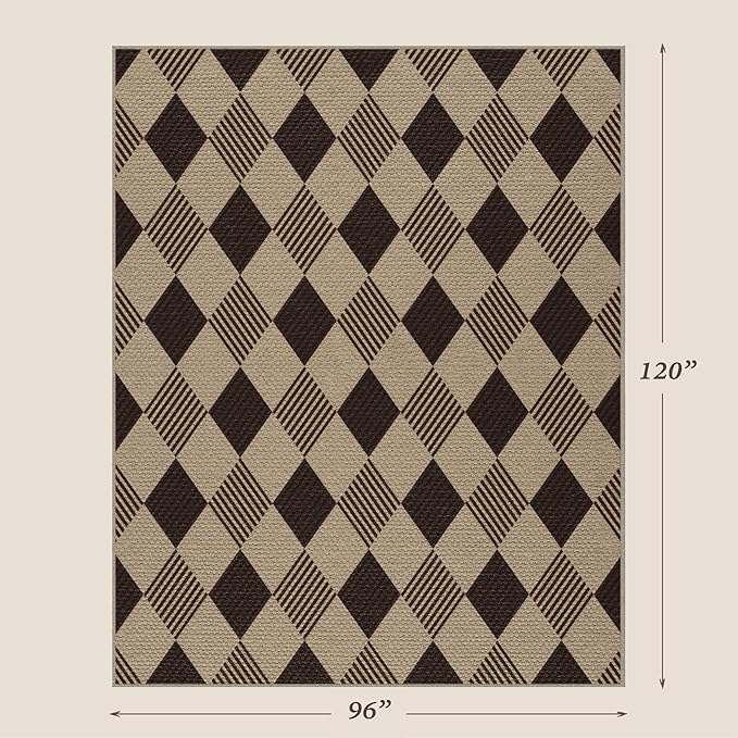 JTJ Easy Jute Diamond 8x10 Area Rug for Living Room - Checkered Plaid Rug for Patio, Bedroom, Home Office, Woven Low Pile Washable Beige Black Geometric Front Porch Décor