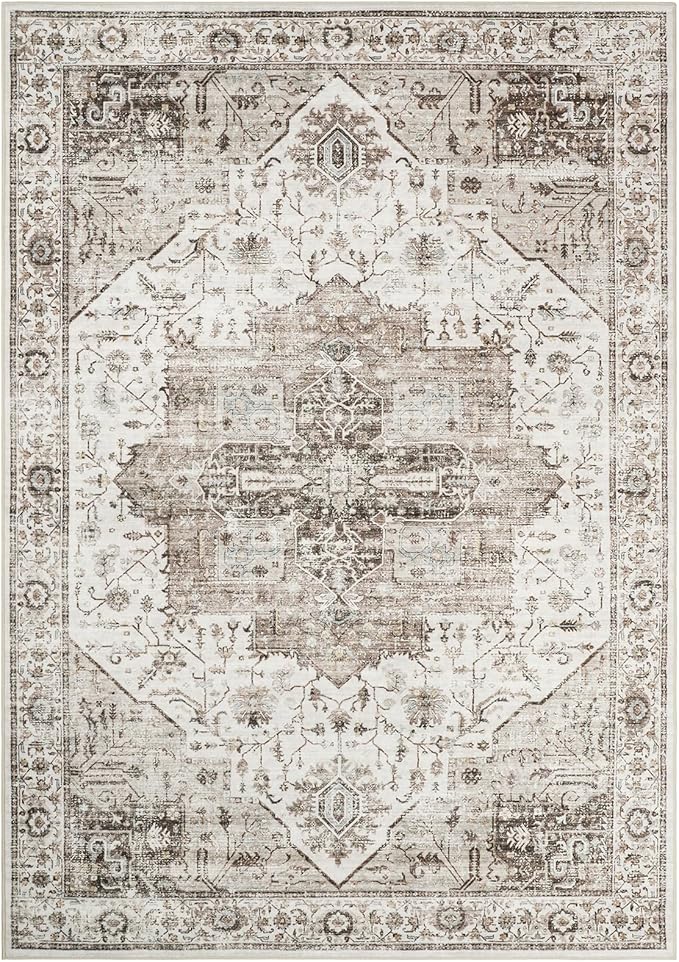 6x9 Rug, Stain Resistant Washable Area Rugs with Anti-Slip Backing, Vintage Rug, Large Bedroom, Living Room Rugs, Foldable Soft Rug (White/Brown, 6'x9')