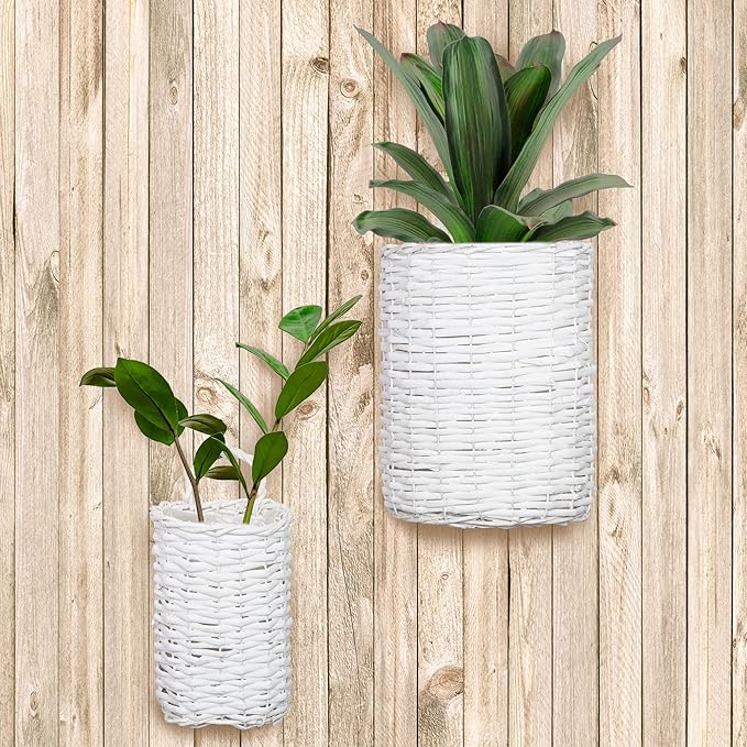 AuldHome Design Wall Hanging Baskets (White, Set of 2); Woven WIcker Rustic Farmhouse White Washed Door Baskets, Small and Medium Size (Pack of 2)