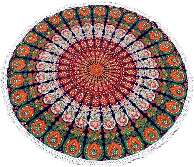 Round Beach Tapestry Turquoise Mandala Throw/Boho Hippie Beach Blanket Roundie/Indian Cotton Bohemian Large Round Table Cloth-Home Decor/Yoga Mat Meditation Picnic Rug (70", Orange And Green)