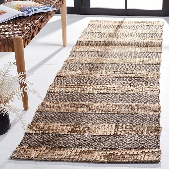 SAFAVIEH Natural Fiber Collection Runner Rug - 2'3" x 8', Charcoal & Natural, Handmade Boho Farmhouse Rustic Jute & Cotton, Ideal for High Traffic Areas in Living Room, Bedroom (NFB653H)