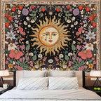 Accnicc Sun and Moon Tapestry Boho Vintage Floral Wall Tapestry for Bedroom Aesthetic Hippie Celestial Botanical Colorful Plant Large Tapestries Wall Hanging for Living Room Dorm 80 x 60 Inch