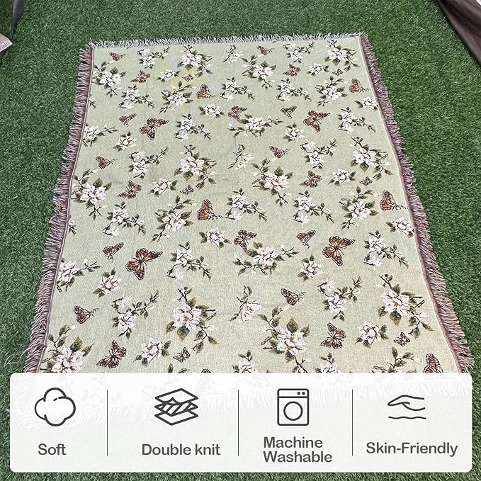 Snycler Flowers and Plants Throw Blanket for Bed 50 * 60inch Woven Blanket Cotton Polyester Farmhouse Decor for Indoor Outdoor Sofa Bedroom Garden，All Season （Butterflies）