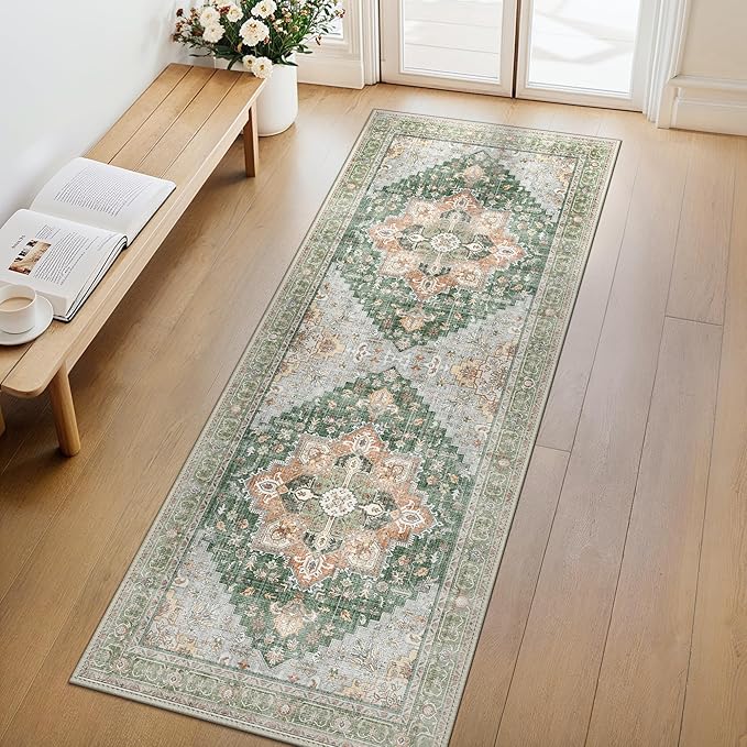 GENIMO 2x7 Runner Rugs for Hallway, Machine Washable Non Slip Vintage Rugs, Low Pile Lightweight Soft Print Rug for enrtyway, Corridor, Home Office, Kitchen,Sage Green