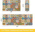 Boho Kitchen Rugs Set 2 Memory Foam Colorful Ceramic Comfort Tile Floor Mat Anti Fatigue Non-Skid PVC Runner Rug Water & Oil Proof Carpet for Kitchen Laundry Sink,17.3x28+17.3x47 Inch, C2