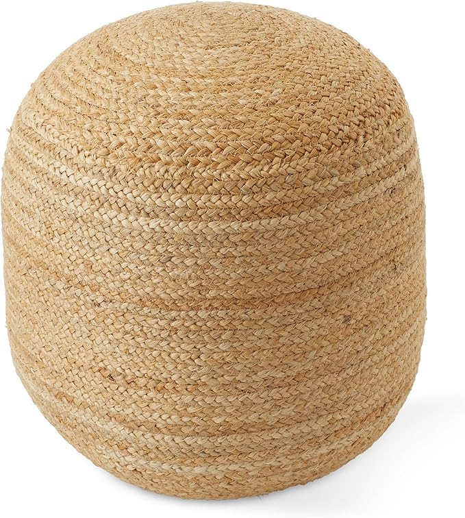 Casafield Hand-Braided Jute Pouf Ottoman Footrest, 18" W x 18" D x 18" H - Round, Natural Woven Boho Floor Cushion, Home Decor for Living Room