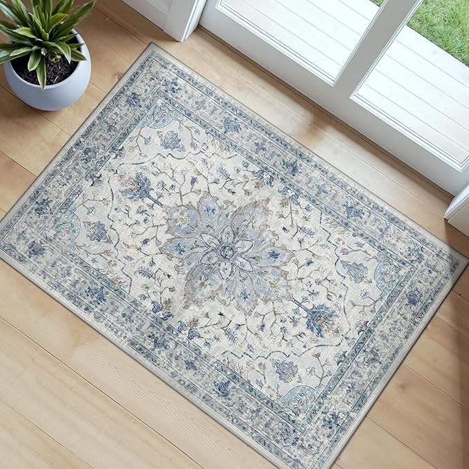 Area Rugs 2'x4' Kitchen Rugs Entry Rug Small Rugs for Entryway Kitchen Bathroom Door Mat Indoor Entrance,Washable Non Slip, Light Blue Navy Beige Gray White
