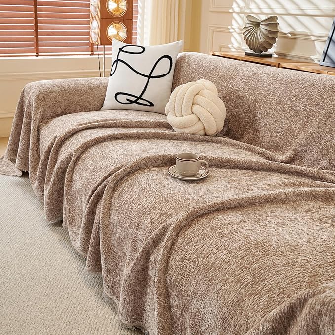 ROOMLIFE Boho Khaki Couch Cover for Dogs, Washable Non Slip Furniture Protector Couch Sofa Covers for 3 Cushion Couch, Soft Chenille Sofa Slipcovers Couch Cover Throw Blanket with Tassels 71''X118''