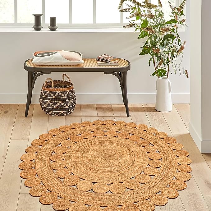 Hand Woven Braided Jute Rug - 4' Round - Reversible Farmhouse Dining Room Rug, Living Room, Bedroom, Kitchen - Natural Decorative Floor Circle Boho Entry Area Rugs - 4 Foot Round Rug