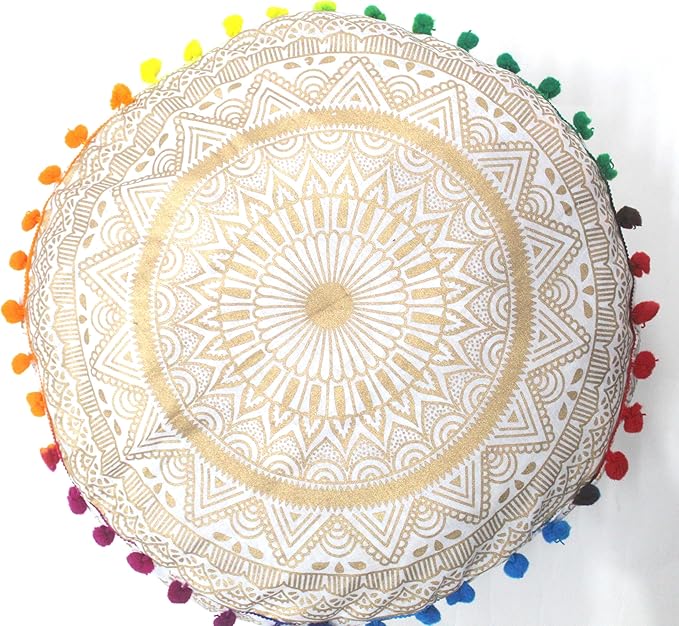 CRAFT KALA Gold Large Hippie Mandala Meditation Floor Ottoman Pillow Cushion Pouf Cover Square Poufs Bohemian Circle Floor Cushion Case Outdoor Fireplace Yoga Living Room Decor Cover 18" Round