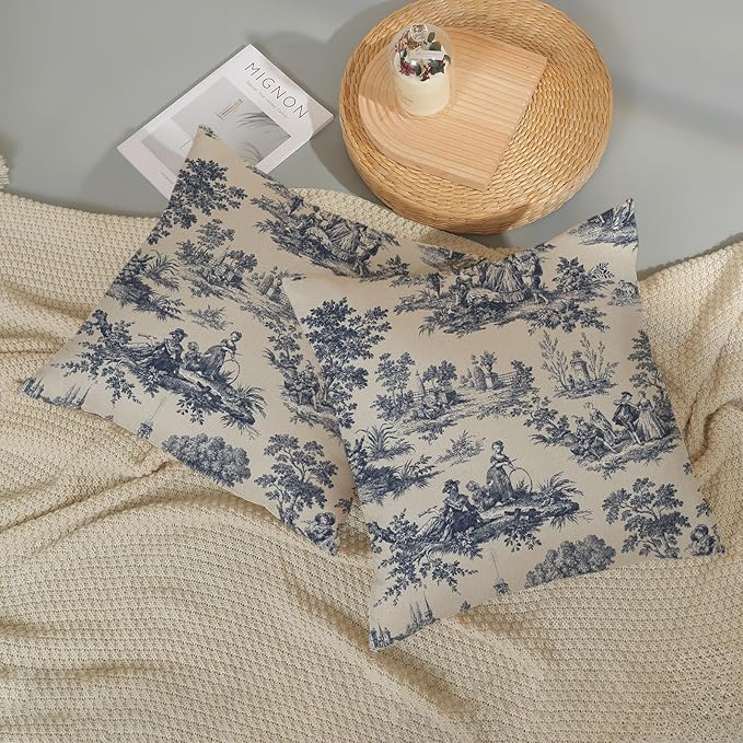 French Country Pillow Covers 18x18 Set of 2 Vintage Toile Blue Throw Pillows French Country Outdoor Decorative Pillowcase Rustic Cottage Decor Linen Farmhouse Cushion Case for Couch Bed Sofa
