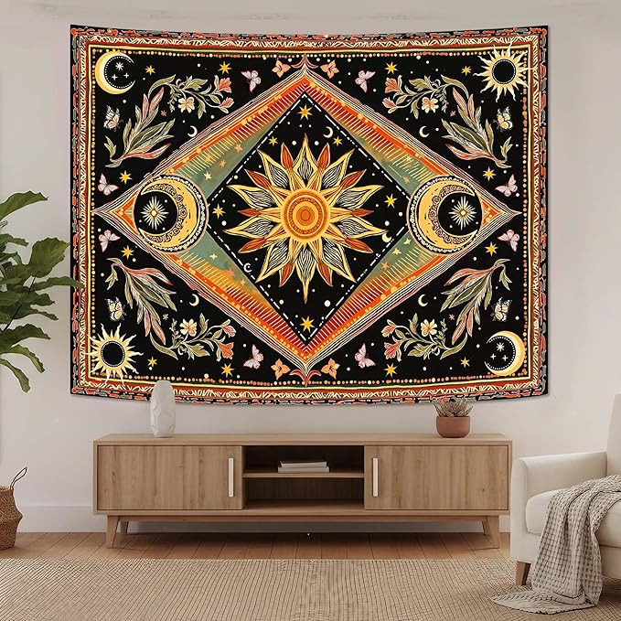 Accnicc Hippie Sun and Moon Tapestry Boho Mandala Floral Wall Tapestry for Bedroom Aesthetic Vintage Plant Celestial Colorful Small Tapestries Wall Hanging for Dorm Living Room Decor 48 x 36 Inch