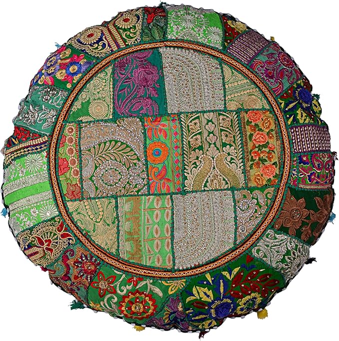 Rajasthani Handmade Colorful Decorative Floor Pillow Cover Meditation Patchwork Patchwork Cushion Seating Accent Boho Chic Indian Handmade Cover ONLY (Green, 32X32 Inches)