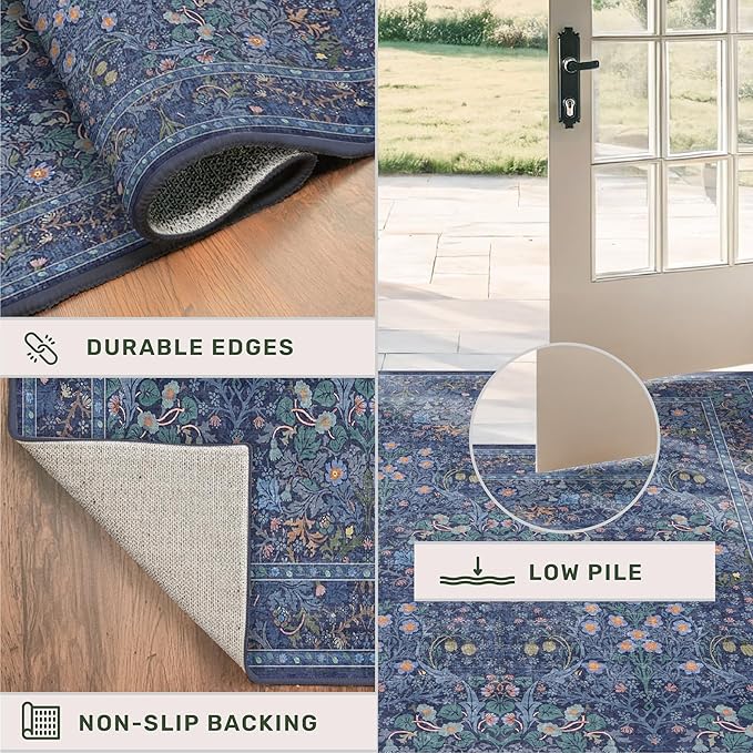 Dark Blue 2x8 Hallway Runner Rugs - Machine Washable Kitchen Runner Non Slip, Floral Pattern Indoor Floor Mats for Entryway, Oriental Design Home Décor