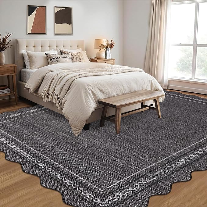 Garvee Scalloped Washable Area Rug 6x9 Rugs for Living Room Boho Non Slip Large Area Rug for Bedroom Modern Soft Low Pile Stain Resistant Carpet for Office Dining Room Classroom 6'x9' Dark Grey