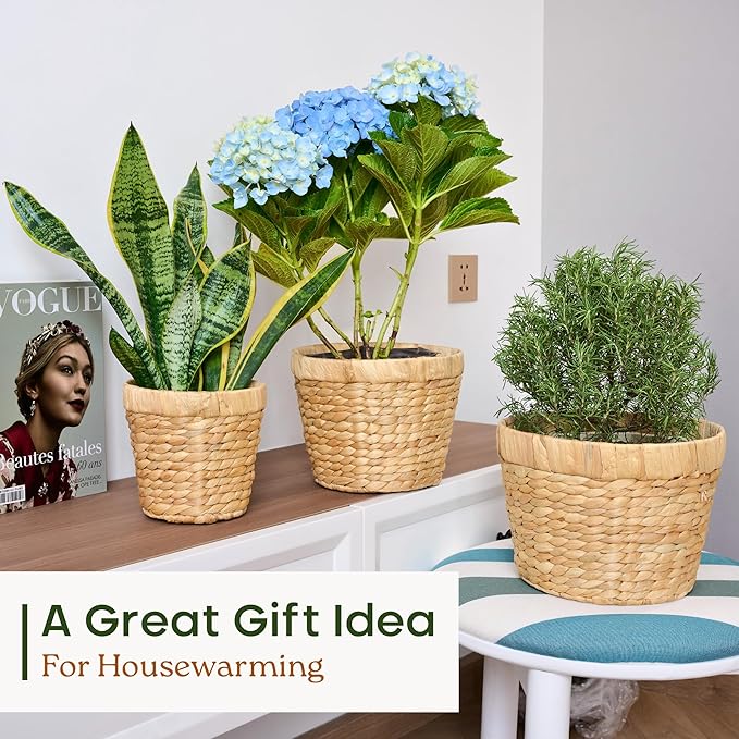 Indoor Water Hyacinth Plant Basket Set of 3, Woven Planter Baskets with Plastic Liner for Plants, Handwoven Plant Pots Decorative Wicker Planters for Home Décor (Saucer NOT Included)