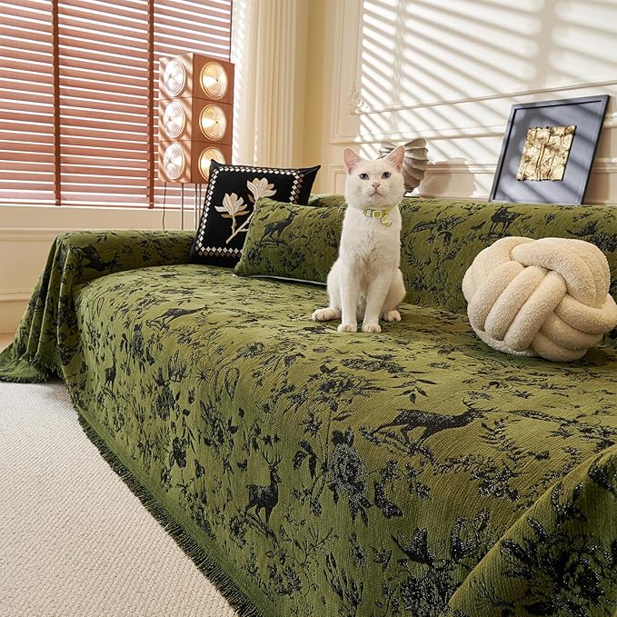 ROOMLIFE Green Sofa Cover, Vintage Boho Couch Cover for 3 Cushion Sofa, Non Slip Soft Chenille Sofa Slipcovers for Dog, Washable Furniture Sofa Protector Cover with Tassel for Living Room, 71''X150”