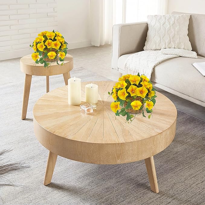 Briful 2 Pack Fake Morning Glory with Handwoven Basket - 8.2" Yellow Faux Potted Flowers Silk Floral Table Centerpiece for Home Office Room Shelf Desk Decor