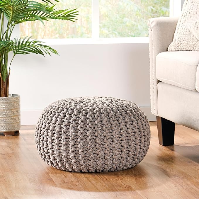 Moro Knitted Cotton 20 x 20 Round Pouf,Furniture,Primary Living Space,Bean Bag Chairs & Lazy Sofa Chair,Brown