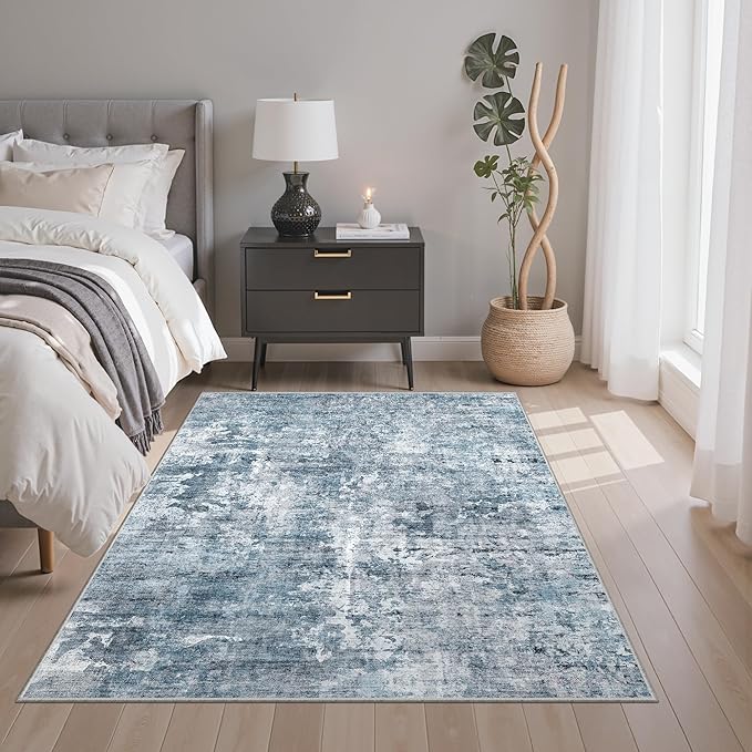Area Rugs 4x6 for Living Room, Vintage Abstract Washable Rugs for Dining Room, Kitchen, Non-Slip Area Rug Blue