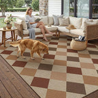 5x7 Checkered Easy Jute Area Rug for Living Room Checkerboard Washable Indoor Outdoor Carpet Farmhouse Patio Office Mat Geometric Non Slip Brown-Beige Carpet for Backyard Dining Room