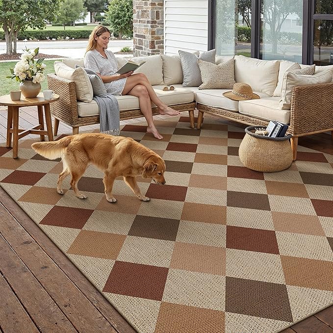 6x9 Checkered Easy Jute Area Rug for Living Room Large Checkerboard Washable Indoor Outdoor Carpet Farmhouse Patio Office Mat Geometric Non Slip Brown-Beige Carpet for Backyard Dining Room