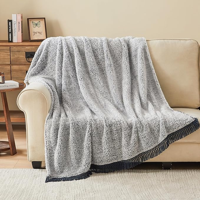 EMME Soft Sherpa Fleece Blanket with Tassel, Reversible Plush Fluffy Large Blanket, Light Weight Warm Decorative Boho Blanket Cover for Sofa, Couch, Bedroom,Travel(Tassel Navy,50"x60")