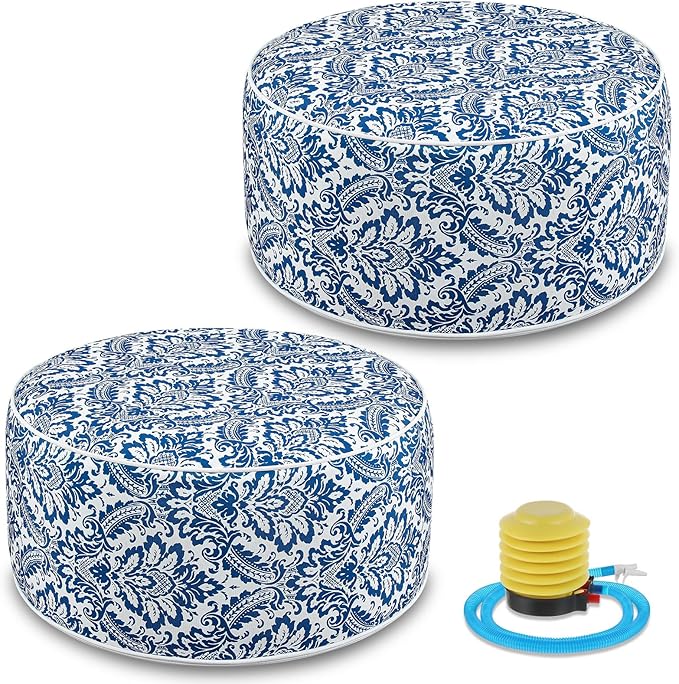 Outdoor Inflatable Ottoman Waterproof Pouf Ottoman with Handle D21 x H9, Water Repellent Portable Footstool for Patio Garden Camping or Home (Retro)