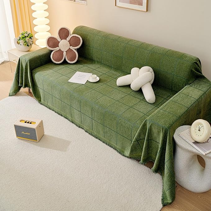 ROOMLIFE Sofa Covers for 3 Cushion Couch Boho Style Green Block Sectional Couch Covers Practical Futon Sofa Slipcover Versatile Couch Cover Blanket for Dogs Cats Couch Protector, 71"x134"