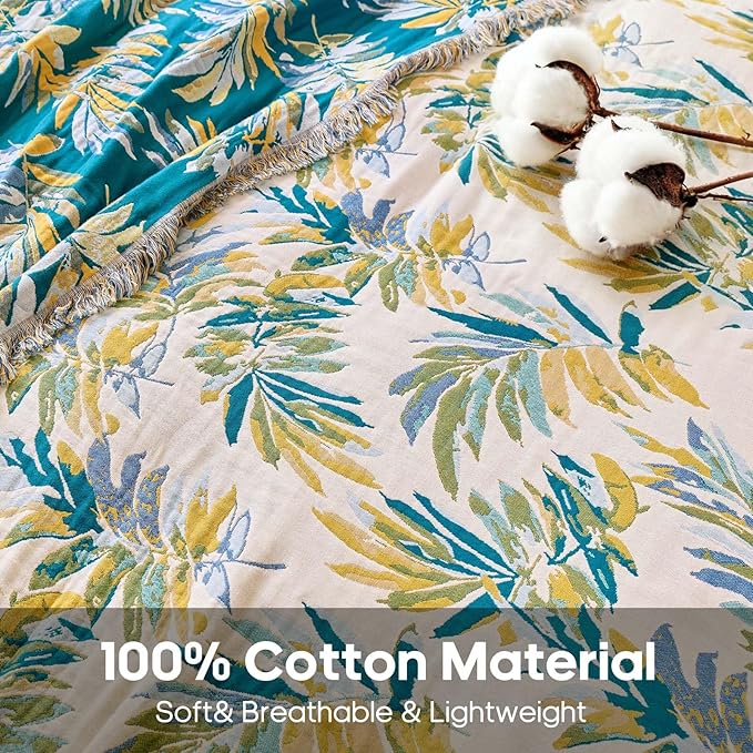 Boho Throw Blanket 50"x60" 100% Cotton Couch Tassel Blanket with Leaf Pattern,Soft Breathable Lightweight Spring Decorative Reversible Blankets for Sofa Bed Decor All Season