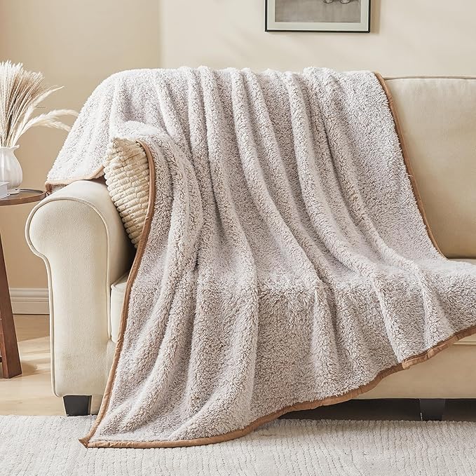 EMME Soft Sherpa Fleece Blanket Reversible Plush Fluffy Large Blanket, Light Weight Warm Decorative Boho Blanket Cover for Sofa, Couch, Bedroom,Travel(Plush Khaki,50"x60")