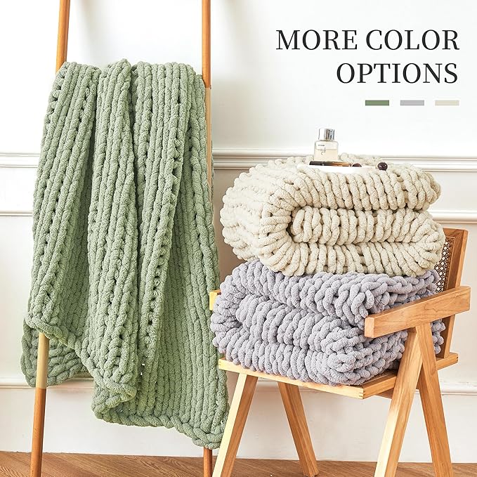 Admitrack Chunky Knit Blanket Throw, 100% Hand Knit Chenille Throw Blanket for Sofa & Home Decor, Soft and Cozy Knitted Throw Blankets (Ivory, 60"x80")
